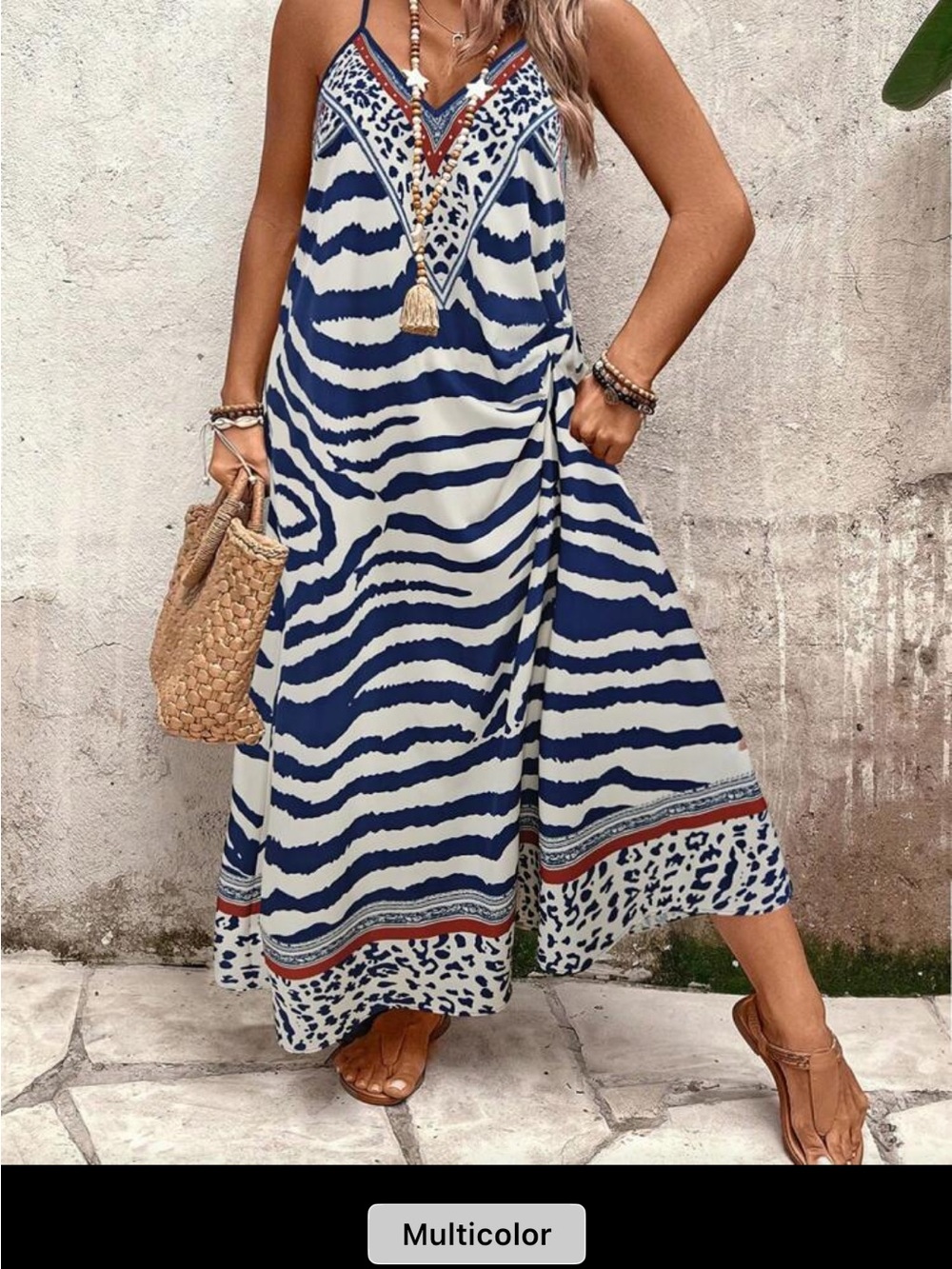 SHEIN Navy Blue and White Striped Maxi Dress with Embroidered V-Neck